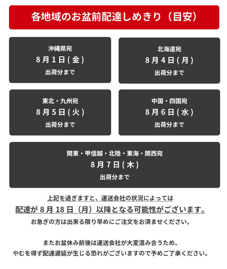 各地域のお盆前配達の出荷締め切り目安です。8月1日：沖縄、4日：北海道、5日：東北・九州、6日：中国・四国、7日：その他地域