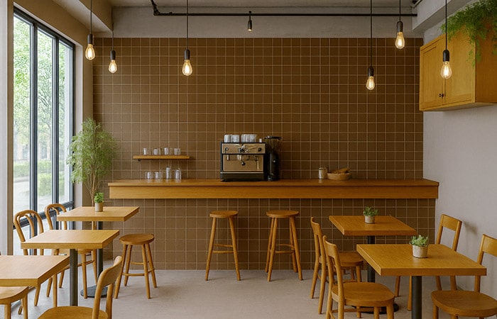 100角タイルを貼ったカフェ内装のイメージ画像(生成AI)