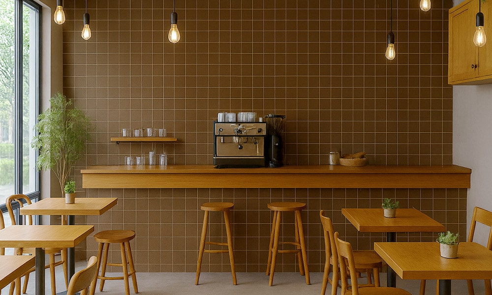 100角タイルを貼ったカフェ内装のイメージ画像（生成AI）