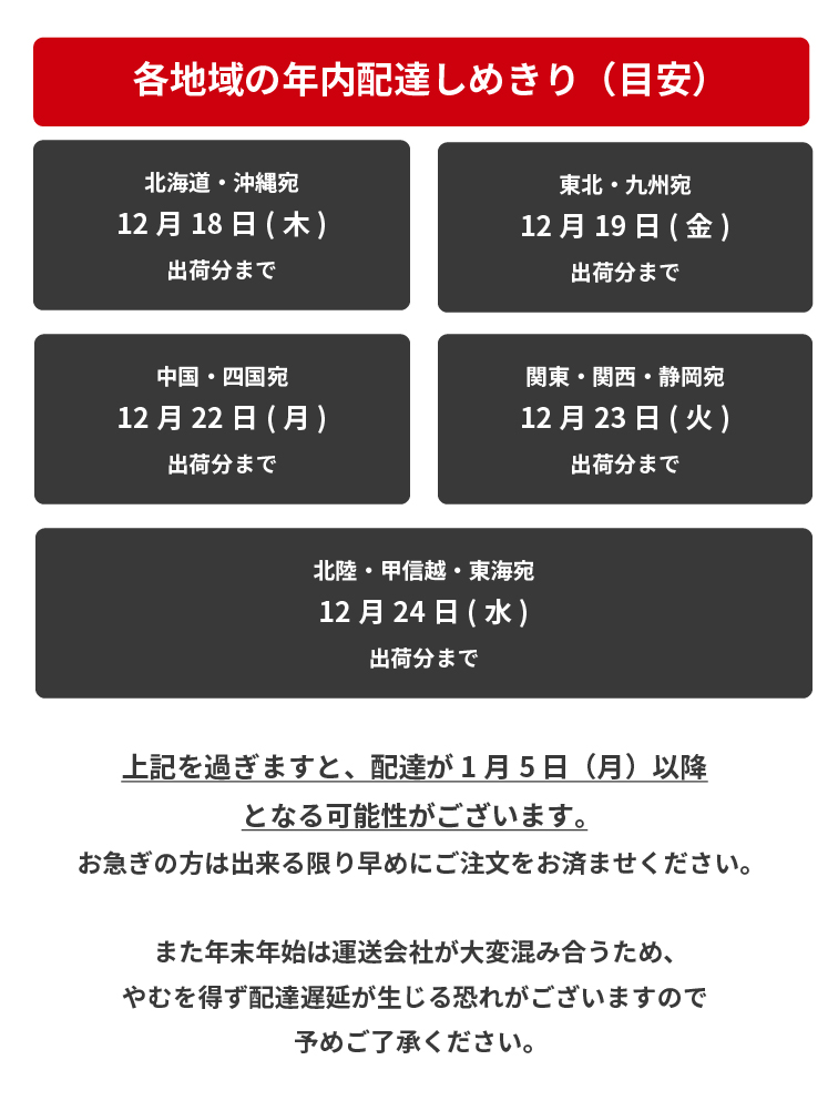 年内配達の出荷締め切り：沖縄・北海道宛18日、東北・九州宛19日、中国・四国宛22日、関東・関西・静岡宛23日、北陸・甲信越・東海宛24日