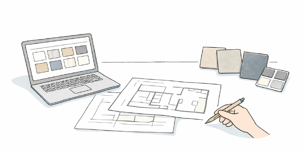 サンプルを手元に置いて設計業務をおこなっているイラスト