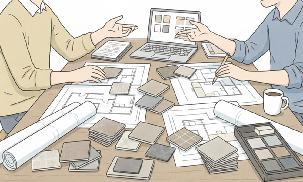 沢山のサンプルを見ながら打ち合わせする様子